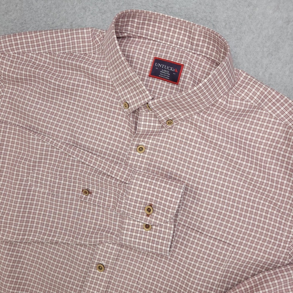 UNTUCKit Shirt Mens Large Red White Plaid Wrinkle Free Button Down Cotton